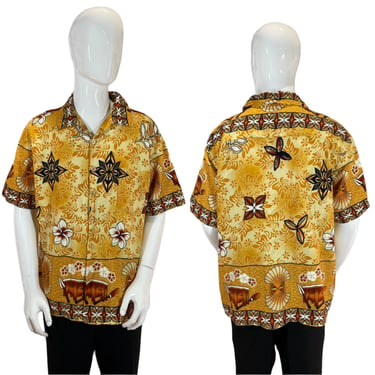 1960's Yellow Bark Cloth Tiki Shirt Size XL