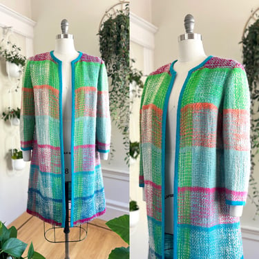 Vintage 1960s Coat | 60s VERA MAXWELL Woven Wool Plaid Colorful Duster Jacket (medium/large) 