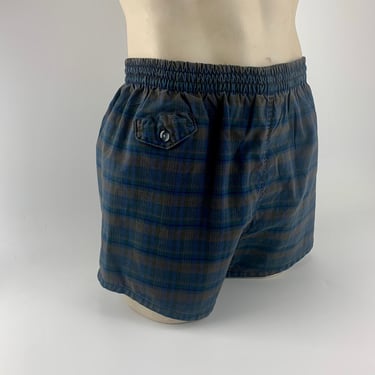 1950'S Plaid Boxer Trunks - All Cotton - Brown & Blue Plaid - Coin Pocket - Draw String Waistband - Lined - Men's Size 32 to 36 Inch Waist 