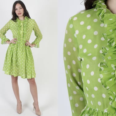 Vintage 60s Mod Tuxedo Dress / Lime Green Polka Dot Floral Dress / Ruffle Bodice Bridal Cocktail Party Outfit 