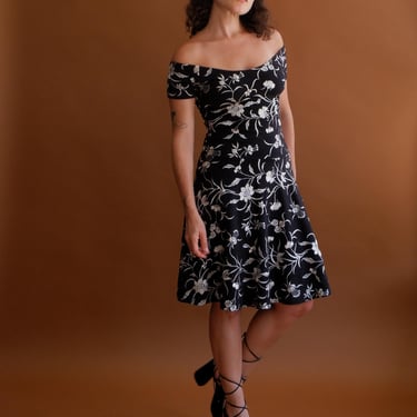 Vintage Betsey Johnson Off The Shoulder Embroidered Skater Dress/ Y2K Stretchy Black and White Mini Dress/ Small 