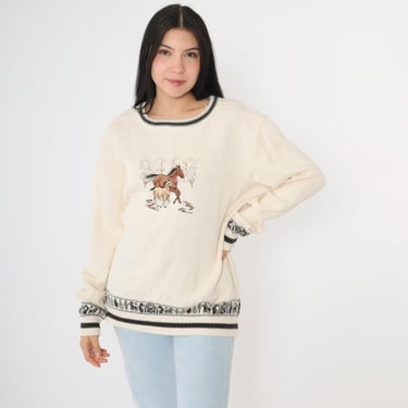 Vintage 90s Horse Sweater Medium Embroidered Western Cream Cotton Pullover Textured Knit Crewneck Nature Theme Boho 1990s Size M 