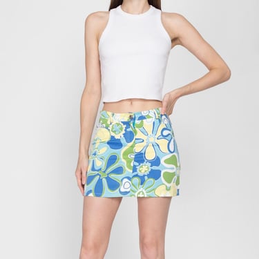 XS-Sm Y2K Flower Power Mid Rise Mini Skirt | Vintage Blue Green Yellow A Line Boho Floral Skirt 