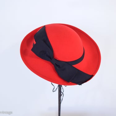 1980s Red Saucer Hat | 80s Red Wool Felt Hat  | Red Hat | George W Bollman & Co 