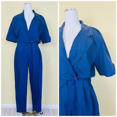 1980s Vintage Joan Walters Navy Blue Wrap Jumpsuit / 80s / Eighties Poly Cotton Flight Style Suit / Medium - Large 