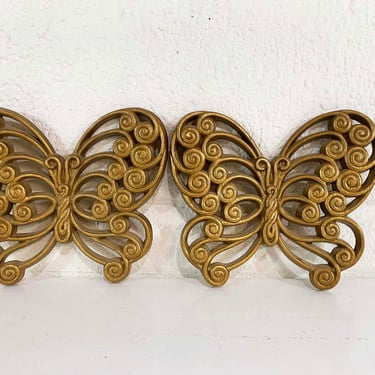Vintage Burwood Butterflies Home Interiors Gold Molded Plastic Butterfy Decor Set of Two Wall Decor Boho Nursery USA 1970s 1977 