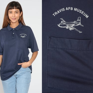 Travis AFB Shirt 90s Navy Blue Polo Shirt US Air Force Base Graphic T-Shirt Fairfield California Collared Army Vintage 1990s Extra Large xl 