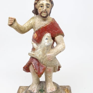 Antique Saint Roch Polychrome Santos with Dog, Hand Carved & Hand Painted, Patron Saint of Dogs, Vintage Religious Folk Art 