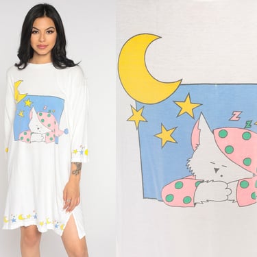 Cat Pajama Dress 90s Sleepy Cat Nightgown Animal Nightie White Long sleeve Henley Retro Tshirt 1990s Kawaii Mini Small Medium Large 
