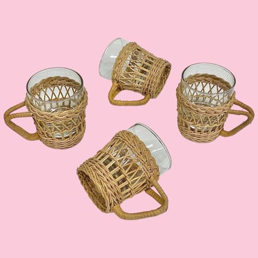 Vintage Wicker and Glass Coffee Cups Retro 1980s Bohemian + Tan Woven Frames + Clear Glass + Set of 4 + Boho Glassware + Drinking + Kitchen 