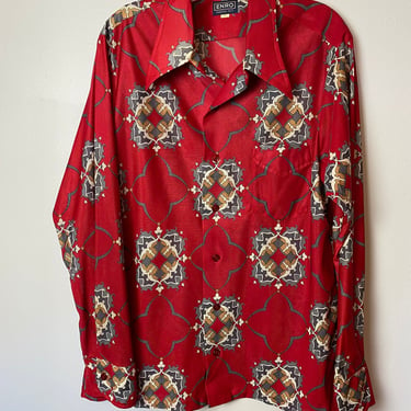 70’s Men’s Enro shirt Size LG ~ groovy funky dark red Abstract print large pointy collar 