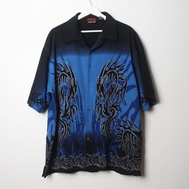 vintage y2k DRAGON flames guy fieri oversize men's MEDIUM skater club kid vintage t-shirt black button down - Size XL 