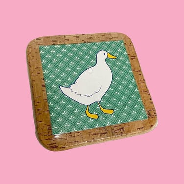 Vintage Trivet 1980s Retro Size 7.5" Farmhouse + Ceramic Tile + Cork + White Duck + Square + Made in Portugal + Kitchen Decor + Food Hot Pad 