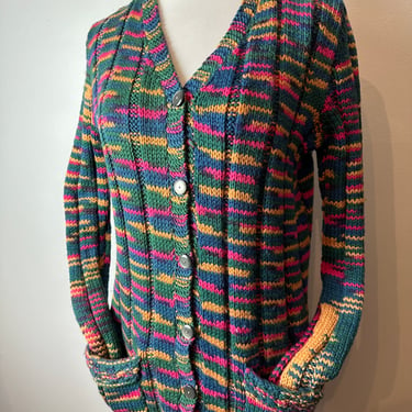 Vintage hand made sweater~ 1970’s v-neck cardigan with pockets Boho patchwork style weave~ colorful fitted long ribbed wool size Mediumish 