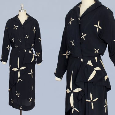 1940s Dress / Navy Draped Silk Faux Wrap Dress / Hip Swag / Sarong Dress / Pinwheel Print 
