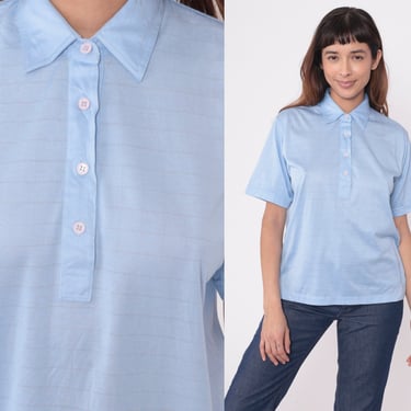 80s Polo Shirt Baby Blue Shirt Striped Grid Print Shirt Pastel Quarter Button Up Golf Shirt 1980s Retro Vintage Lady Cougar Medium 