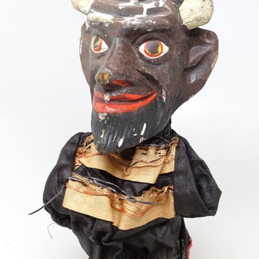 Antique Devil Marionette Early 1900s Hand Carved Wood Victorian Punch Halloween, Vintage Puppet 