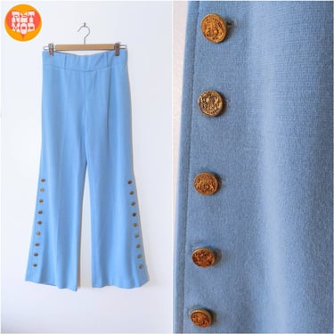 So Good Vintage 60s 70s Light Blue Knit Flare Pants with Buttons 