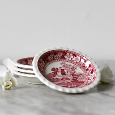 Antique Red and White Transferware Butter Pats 