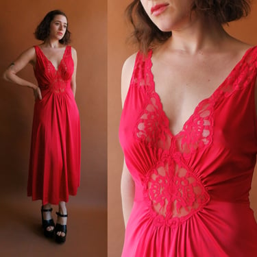 Vintage 70s Red Lace Nightgown/ Size Medium 