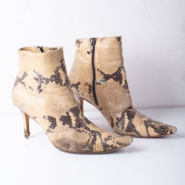 Vintage Isaac Mizrahi 1990s Pointy Python Leather Boots sz 8.5 Y2K Cowboy Minimalist Snake Print Snakesking 