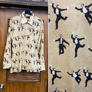 Vintage 1970’s Groucho Marx x Fred Astaire Pop Art Cotton Disco Mod Dancers Cartoon Shirt, 70’s Vintage Clothing 