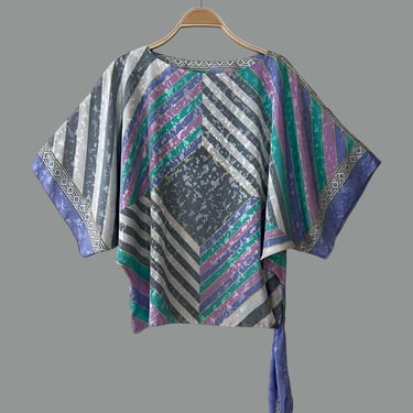 Vintage 80s La Chemise Patterned Blouse with Dolman Sleeves, Art Deco, Size Small 
