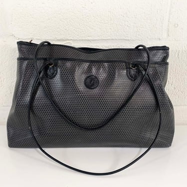 Vintage Liz Claiborne Tote Purse 1983 Genuine Leather Trim Bag Shoulder Briefcase Laptop School Handbag Gray Black 80s 1980s 