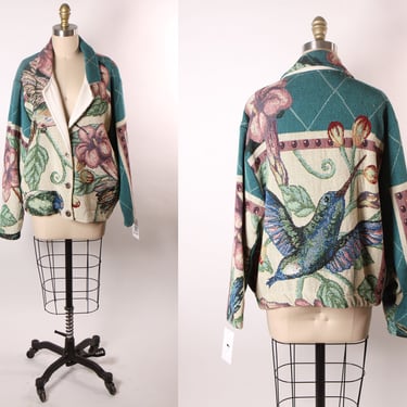 1980s Green, White and Burgundy Novelty Tapestry Floral Hummingbird Quilt Coat by Sugar Street Weavers -One Size Fits Most 