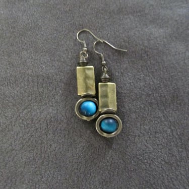 Industrial earrings, turquoise tiger's eye and bronze minimalist earrings 