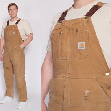 90s Carhartt Insulated Quilt Lined Distressed Overalls - 38x34 | Vintage Made In USA Tan Workwear Jumpsuit 