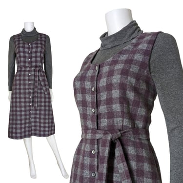 Vintage Plaid Jumper Dress, Small Medium / Gray & Purple Plaid Belted Dress / 70s Button Front Pinafore Dress With Pockets 