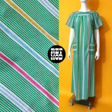 Cool Vintage 60s 70s Green White Pink Stripe Terrycloth Muumuu Cover-Up Loungewear Dress 