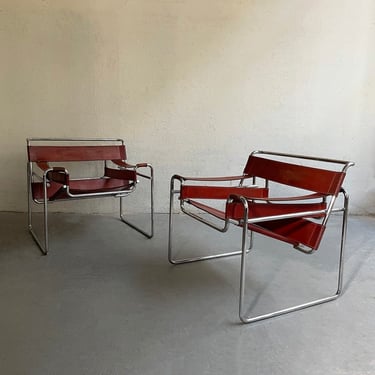 Marcel Breuer Bauhaus Wassily Style Chairs Burgundy Brown Leather