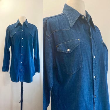 Vintage 70s Denim Cowboy Shirt / Pearl Snap Buttons  / Dagger Collar  / F BAR F 