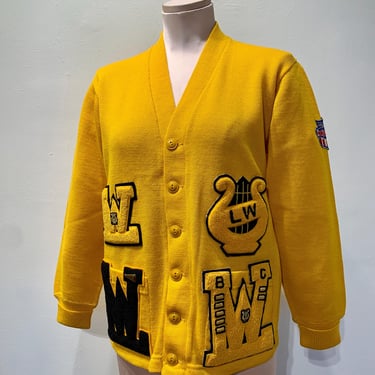 1950'S Varsity Cheerleader Cardigan Sweater - Embroidered Patches - CAMPUS Label - Virgin Wool - Low Slash Pockets - Women's Size Medium 