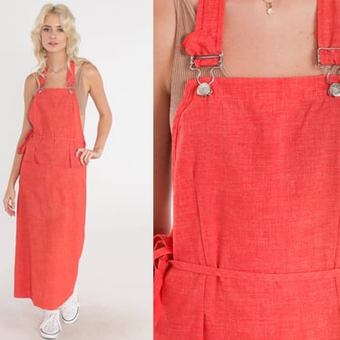 70s Apron Dress Orange Maxi Wrap Overall Dress Open Back Low Armhole Jumper Dress Backless Pinafore Utility Vintage 1970s Small Medium xs 