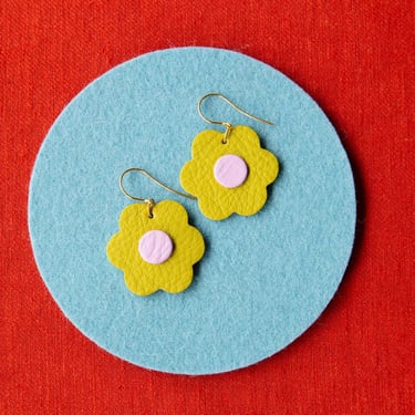 Juicy Blooms Flower Earrings in Chartreuse + Pink - Lightweight & Made from Reclaimed Leather 