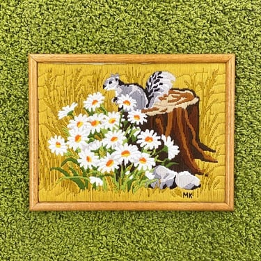 Vintage Flower Crewel 1970s Retro Size 13x17 Bohemian + White Daisies + Squirrel + Homemade + Fiber Art + Boho Wall Decor + Daisy + Floral 