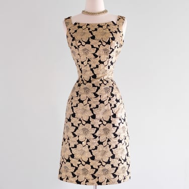 Vintage 1960's Black & Gold Brocade Floral Cocktail Dress / S