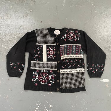 Size Large Vintage 90s Christopher Banks Button Up Patterned Sweater Womens Black Patchwork Grandma Holiday Christmas 