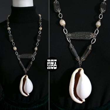 Super Unique Vintage 70s Giant Seashell Pendant Necklace with Petrified Black Style Stones 