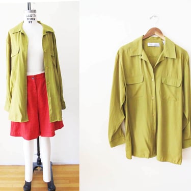 Vintage 90s Chartreuse Green Rayon Button Up Shirt Large Baggy - 1990s Bright Lime Green Solid Color Collared Button Down Flap Pocket Shirt 