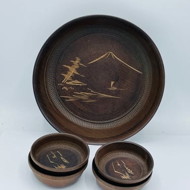 Vintage Wooden Teak Japan Nut Bowl Tidbits' set5 PC- Mount Fuji engraved carving- Great Condition 