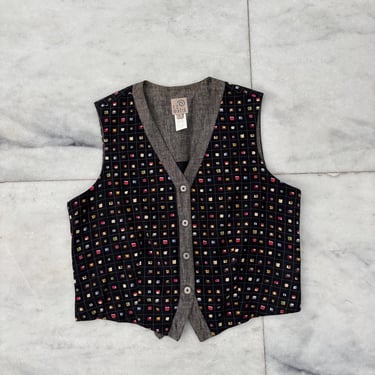 Vintage FL Malik Vest Waistcoat Linen Colorful Abstract Print Women L Boho Art 