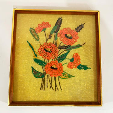 Vintage Framed Embroidered Flowers Needlepoint Poppies Floral Crewel Framed Handmade 1970s 