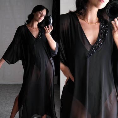 Vintage 90s GOTTEX Black Sheer Kaftan Swimsuit Coverup w/ Soutache & Black Jeweled Neckline | Made in Turkey | 1990s Designer Swimwear Dress 