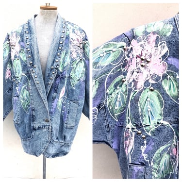 Vintage VTG 1980s 80s Acid Wash Denim Floral Painted Studded Duster Jacket 