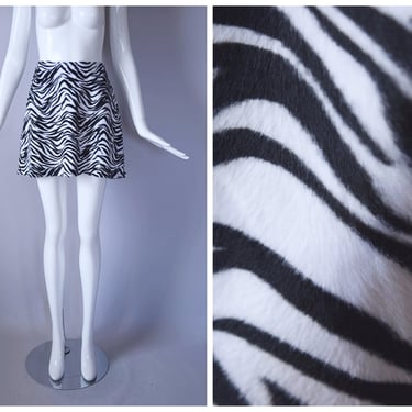 Vintage Y2K Exact Change Black and White Zebra Print Faux Fur Mini Skirt | retro 90s 1990s 2000s | 