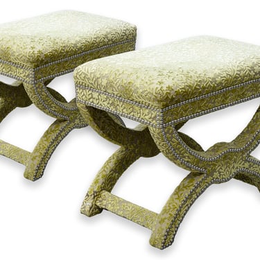 Pair of Contemporary Modern Nickel Studded X Base Green Floral Ottoman Stools 